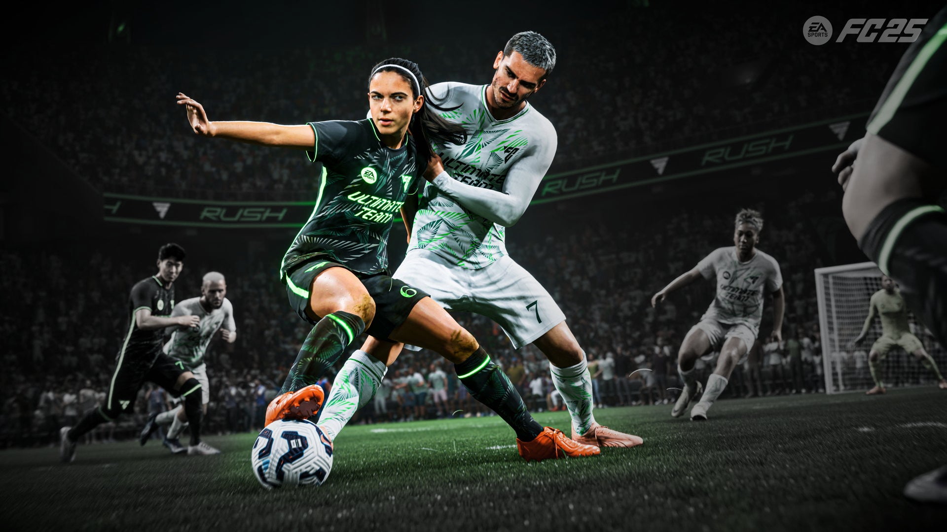 Aitana Bonmati and Antoine Griezmann tussle over the ball in the middle of the pitch in EA FC 25, background in black and white. - 1