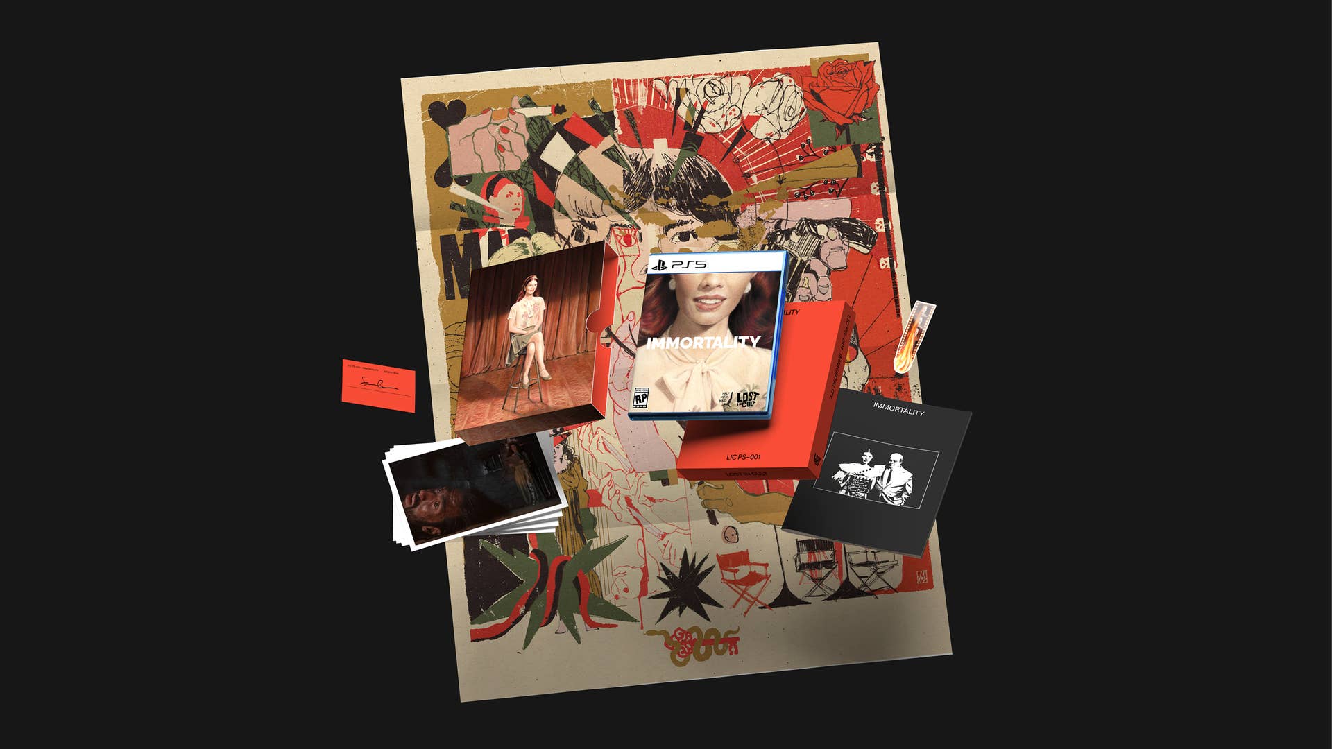 Image of Immortality Editions from Lost in Cult, showing game case, poster, and artwork on black background