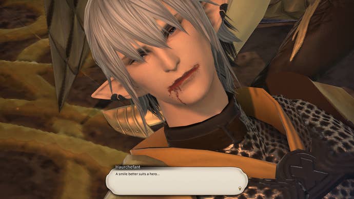 Final Fantasy 14 screenshot showing a character named Haurchefant looking into the camera as blood trickles from the corner of their mouth. A speech caption reads,