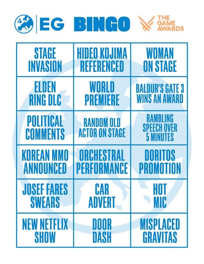 A Eurogamer bingo card for The Game Awards! Featuring "Woman on stage" and "car advert" and "hot mic", and a host of other wonderfully helpful and comical suggestions by yours truly.