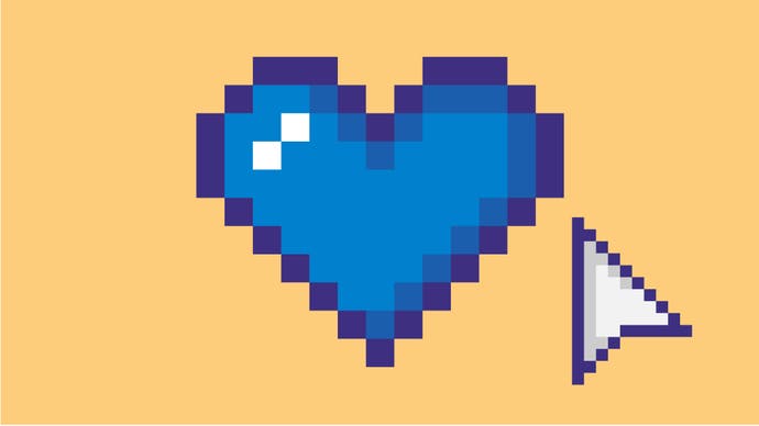 A big, blue pixelated heart, with purple edges, on a yellow background, with a triangular mouse cursor nearby.