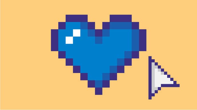 An illustration showing a big pixelated blue heart on a yellow background, with a white mouse pointer hovering nearby, as if it’s going to click on it.