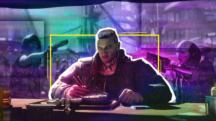 Jackie Wells under a hazy purple filter over backdrop of Night City, with neon yellow detailing.