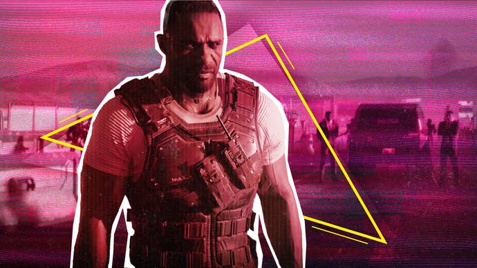 Solomon Reed in Cyberpunk 2077’s Phantom Liberty DLC under a hazy pink filter over backdrop of Night City, with neon yellow detailing.
