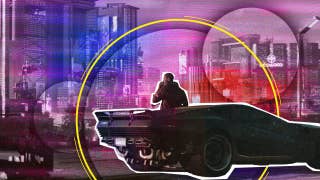 Cyberpunk 2077's male V looks out over Night City, leaning against his car, under a pink-purple haze with yellow accents.