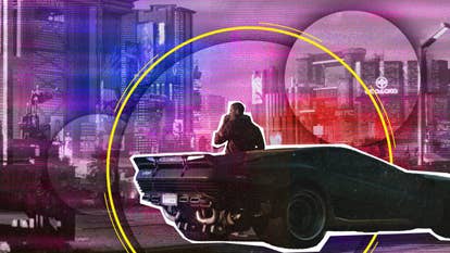 Cyberpunk 2077's male V looks out over Night City, leaning against his car, under a pink-purple haze with yellow accents.