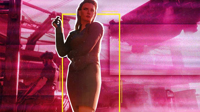 Meredith Stout in Cyberpunk 2077, under a hazy purple filter over backdrop of Night City, with neon yellow detailing.
