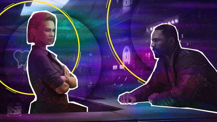 Solomon talks to a bartender in Phantom Liberty, under a hazy green and purple filter over backdrop of Night City, with neon yellow detailing.