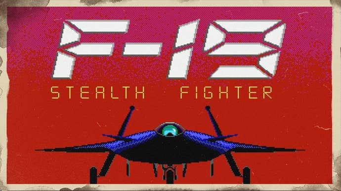 Key art from the old game F-19 Stealth Fighter, showing the game’s title in big lettering above a nose-on depiction of the small nimble craft itself. It’s shrouded in shadow. It is a stealth fighter after all.