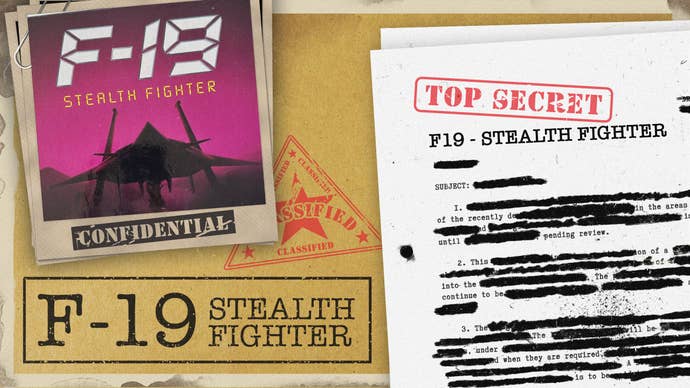 A top secret dossier-style file on the F-19 Stealth Fighter game. It’s a fictional dossier created to illustrate this article. There’s a polaroid picture of the game’s key art in the top left and a mostly redacted page of typed writing on the right-hand side, with the words “Top Secret” stamped on top. It looks legit to me.