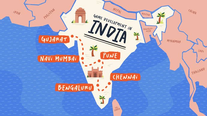 A stylised map of India, showing a trail of cities across the country.