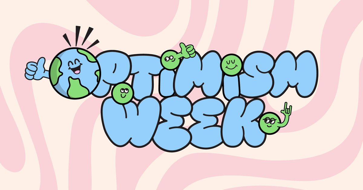 A custom illustration showing bubbly pale-blue and green font reading OPTIMISM WEEK, over a pink and cream ice-cream like swirl background