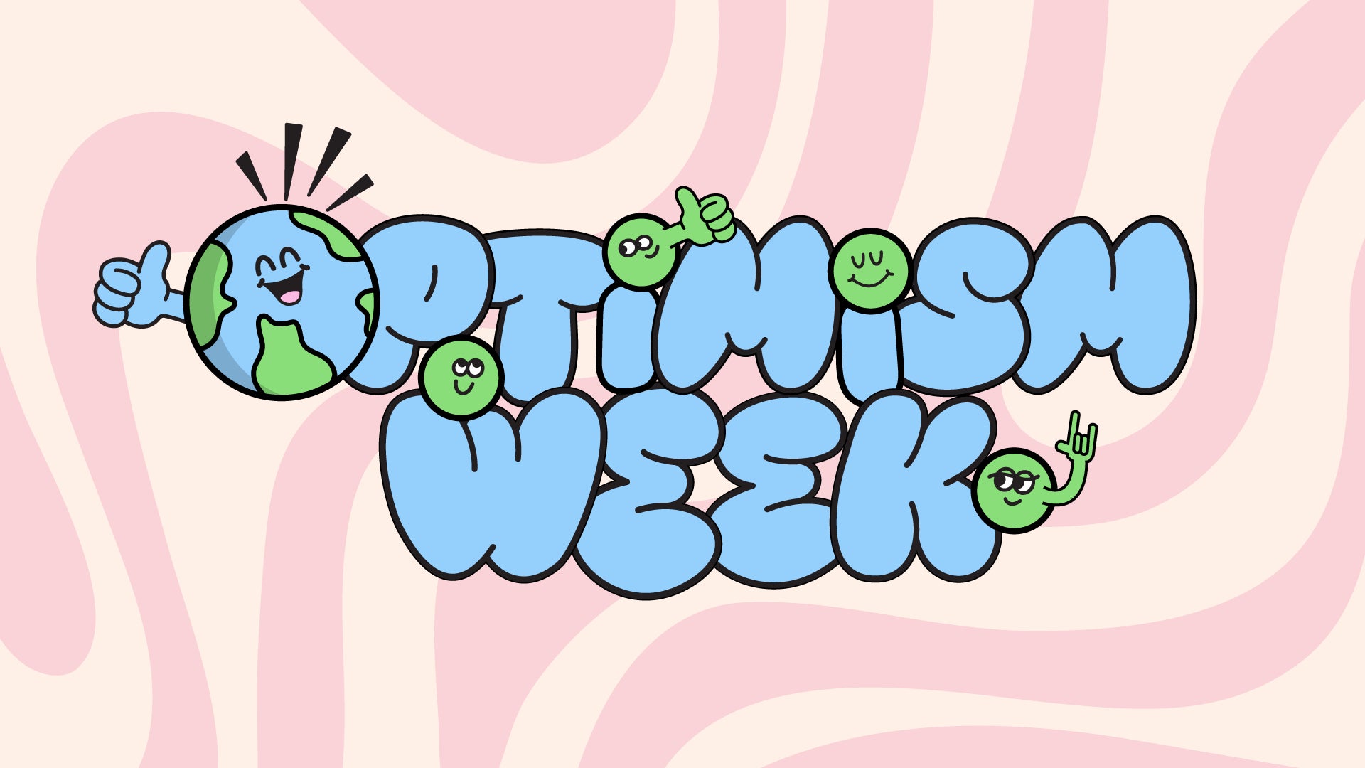 A custom illustration showing bubbly pale-blue and green font reading OPTIMISM WEEK, over a pink and cream ice-cream like swirl background