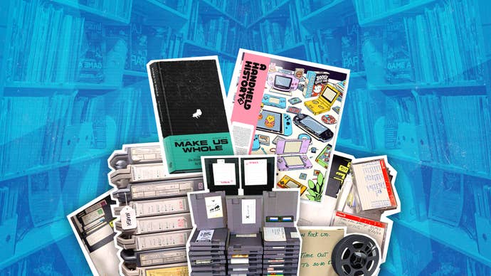 Archive shelves in shades of blue act as a background for a colourful stack of old game formats and books from Lost in Cult.