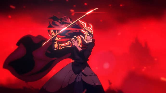 Elden Ring fan-made anime trailer screenshot showing Malenia with flowing red hair swiping a sword