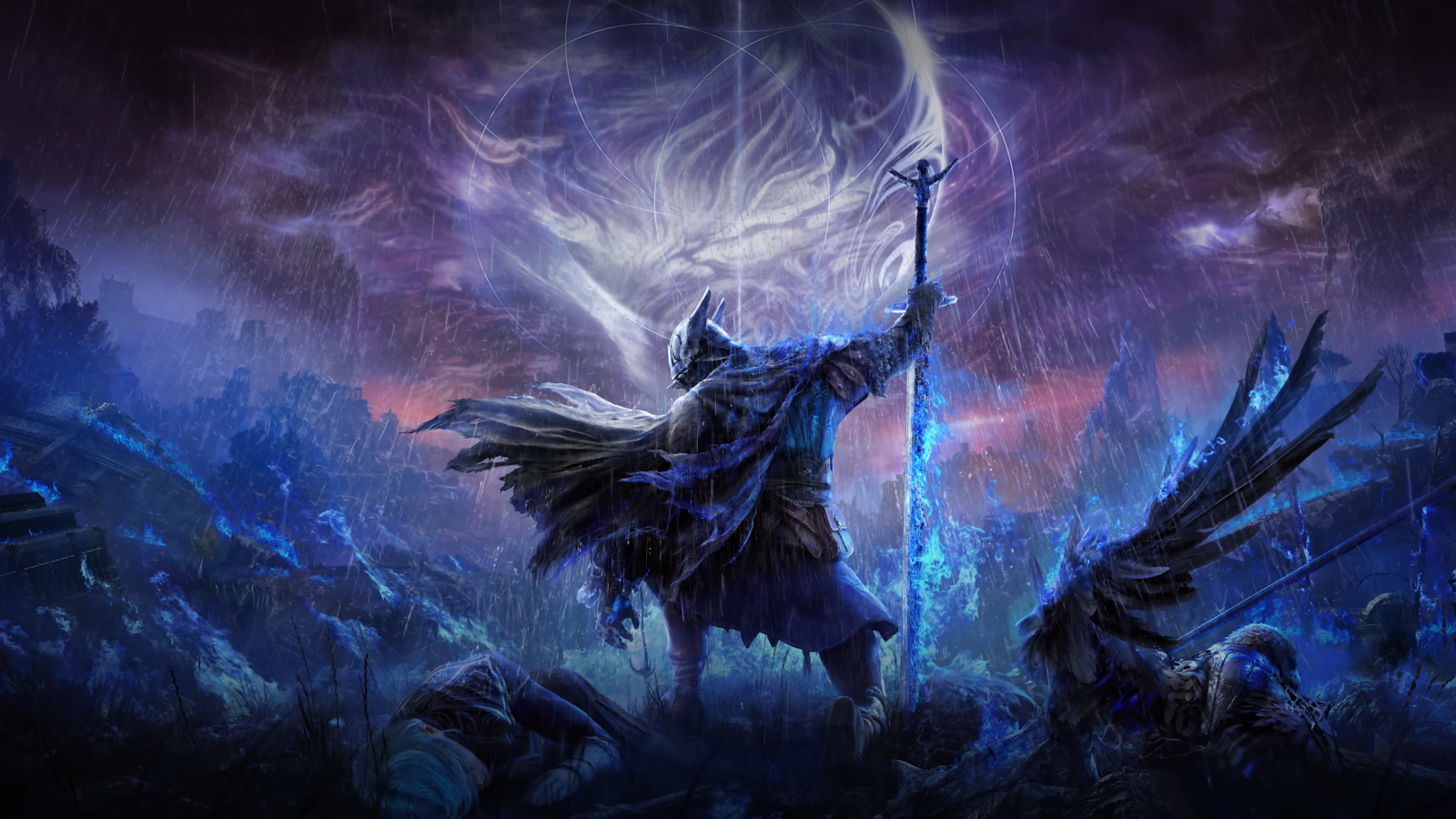 Elden Ring Nightreign artwork showing cloaked figure holding a staff with swirling blue and purple light