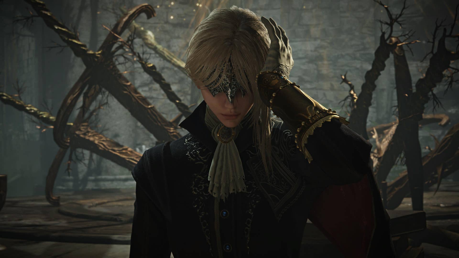 Elden Ring Nightreign screenshot showing close up of masked female character with white hair