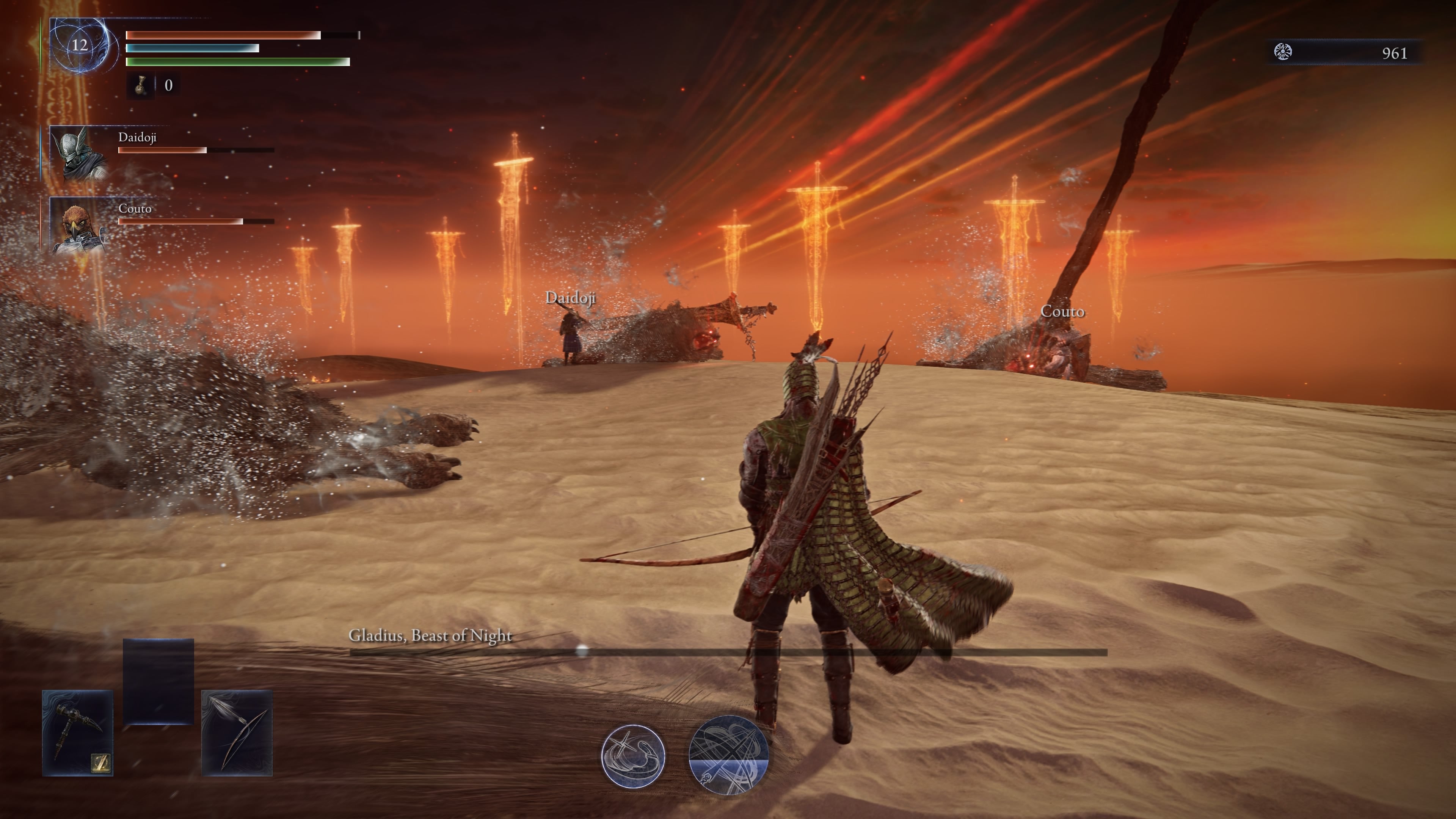 Elden Ring Nightreign screenshot showing player archer character and defeated boss in the background