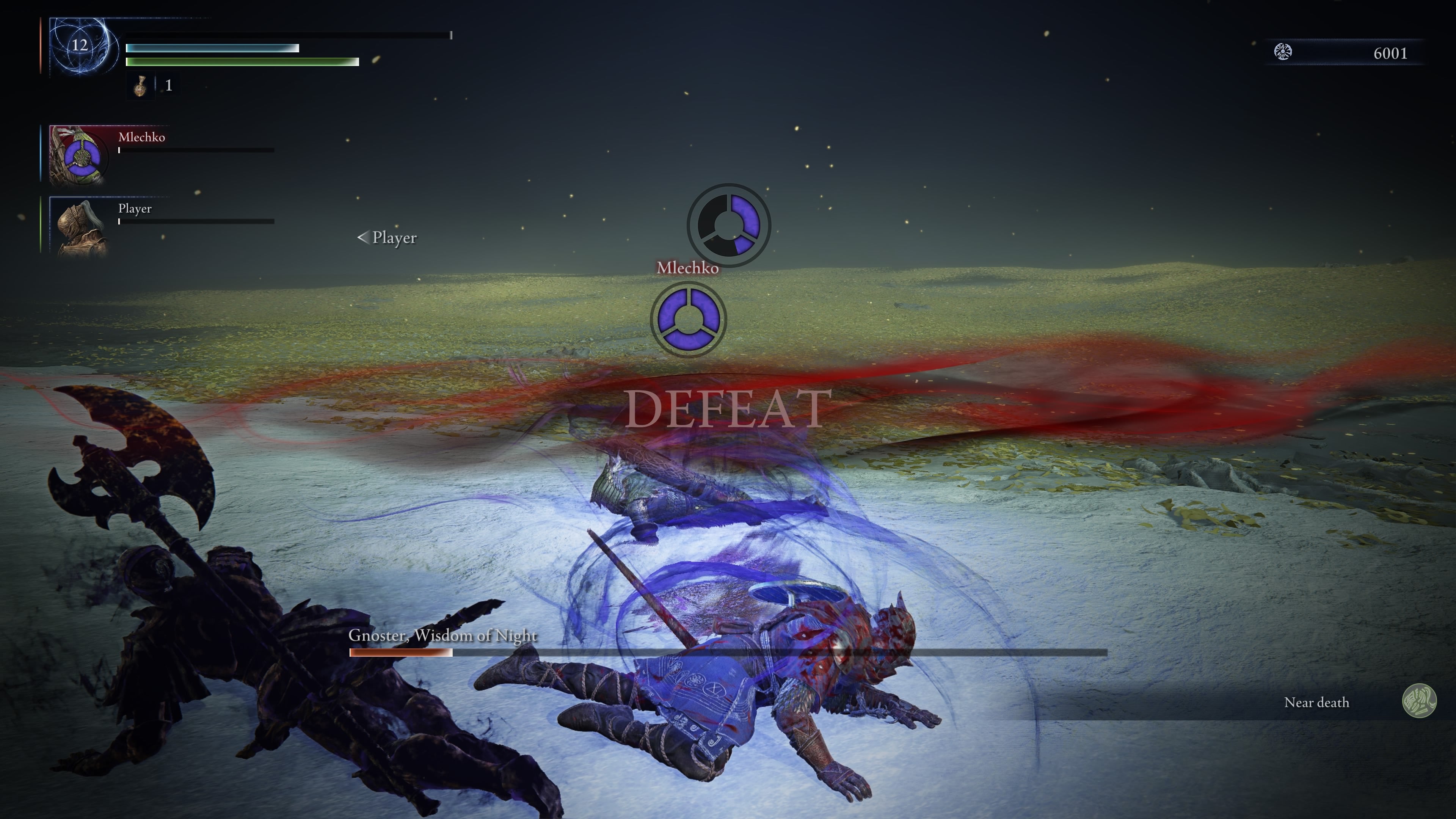 Elden Ring Nightreign screenshot showing three players on the ground with DEFEAT on the screen