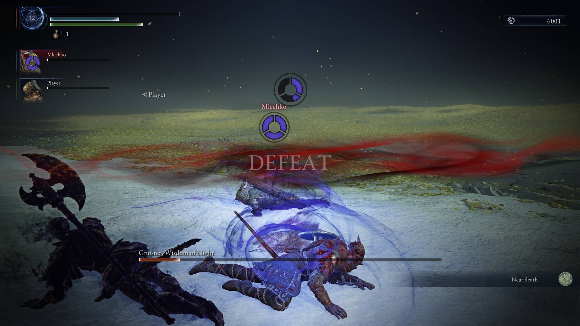 Elden Ring Nightreign screenshot showing three players on the ground with DEFEAT on the screen