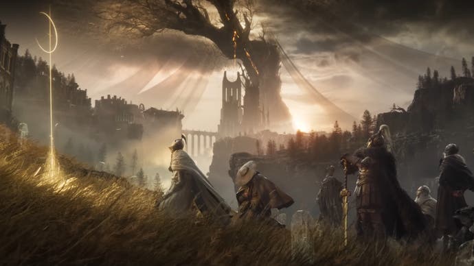 Screenshot from Elden Ring Shadow of the Erdtree story trailer showing a golden symbol with multiple armored characters standing before it