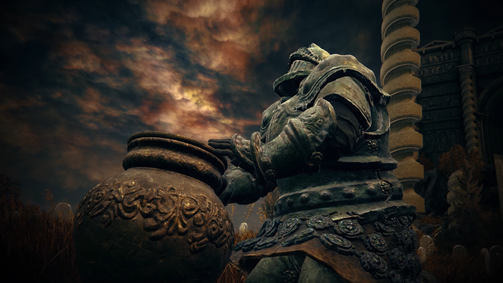 Bulky armoured knight kneeling by a jar