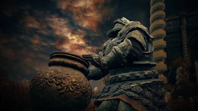 Bulky armoured knight kneeling by a jar