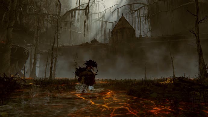 Player rides mount through a dismal swamp area with odd building in the distant in the trees
