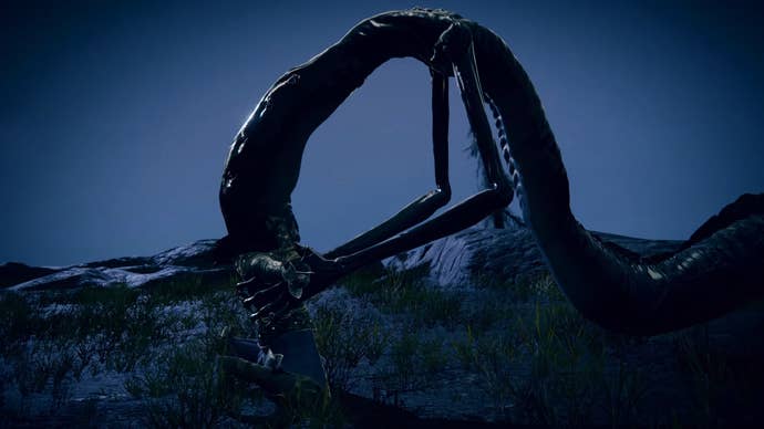 Long necked slithering creature bites the head off the player character