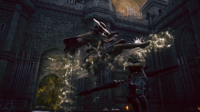 Player character in hat and cloak kicks a soldier in mid-air with spray spurting