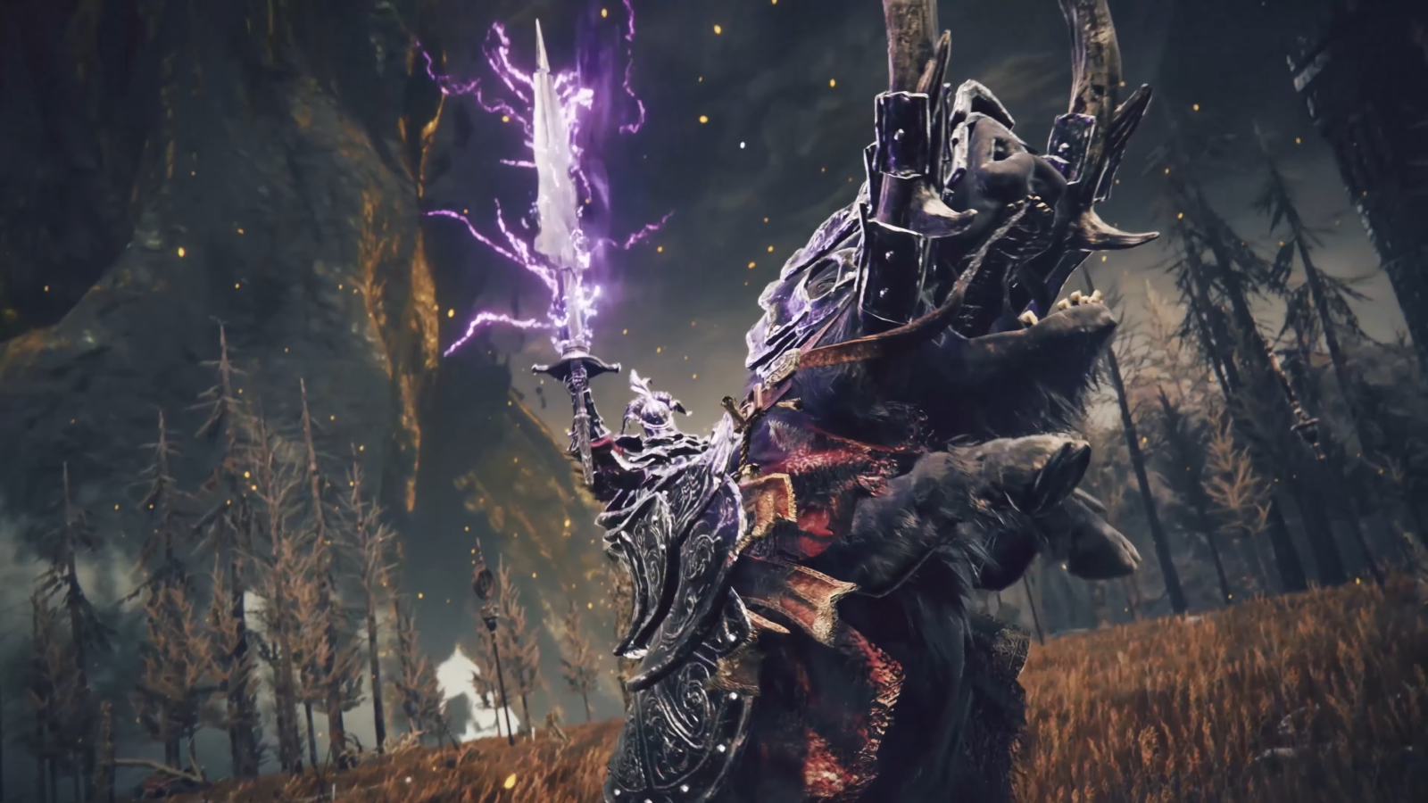 Knight with purple lightning sword rears up on giant armoured boar