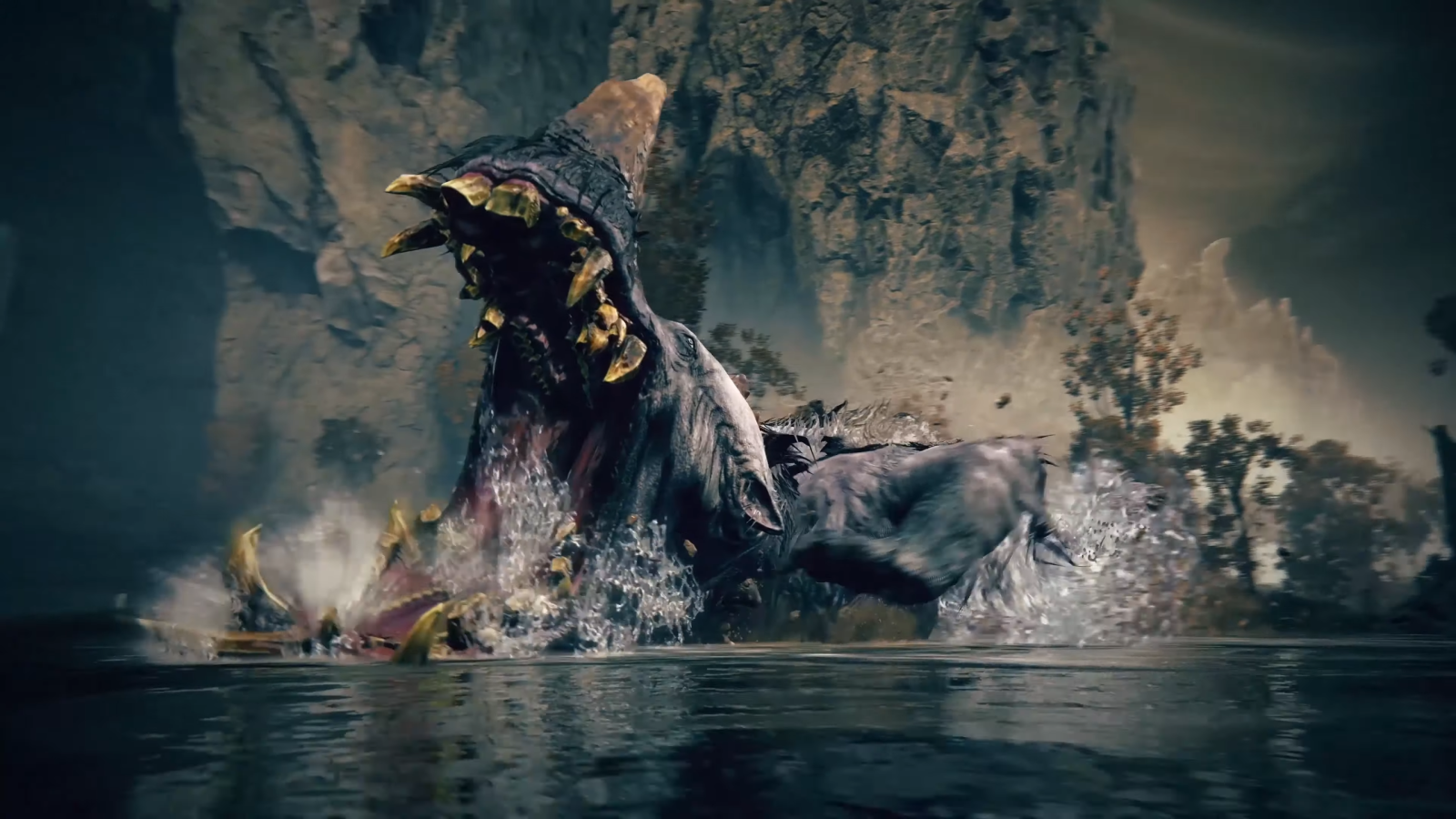 Hippo-like creature with horns and huge jaws emerging from water