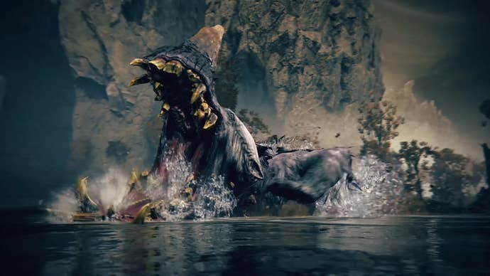 Hippo-like creature with horns and huge jaws emerging from water