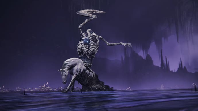 Skeleton riding a white horse on a purple lake