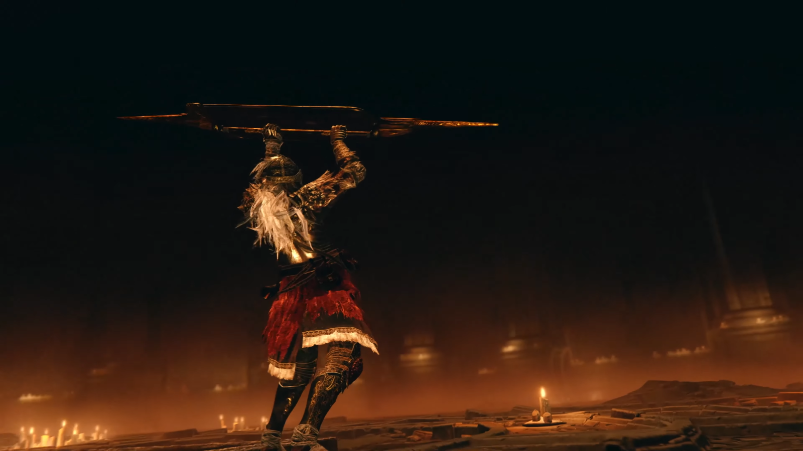 Player character holds aloft a large spiked shield