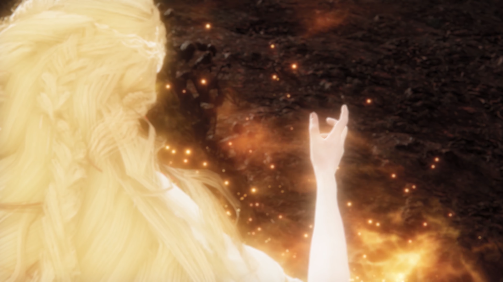 Golden haired glowing figure seen from behind raising a hand