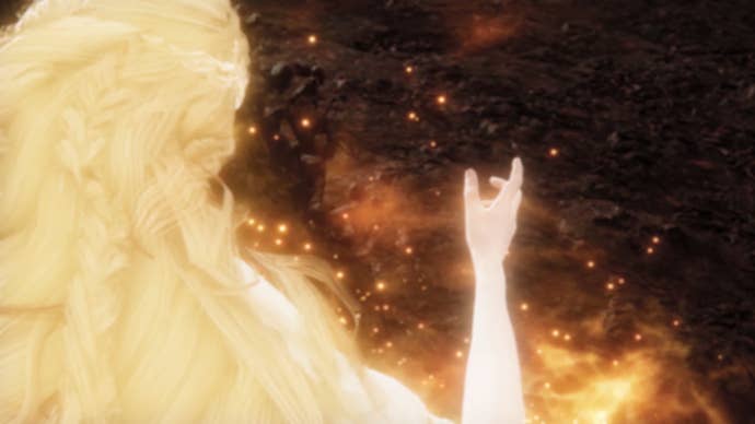 Golden haired glowing figure seen from behind raising a hand