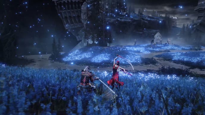 Player in samurai-esque armour battles female in red with two katanas in wide field of blue plants
