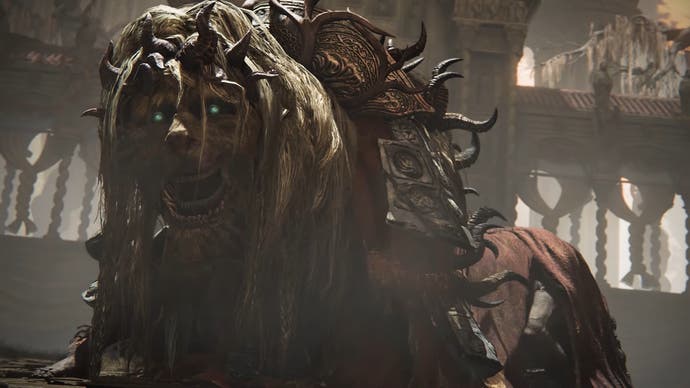Close up of Shadow of the Erdtree boss: a horned beast with long hair