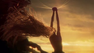 Elden Ring Shadow of the Erdtree story trailer screenshot showing figure holding golden threads with flowing hair in front of golden light