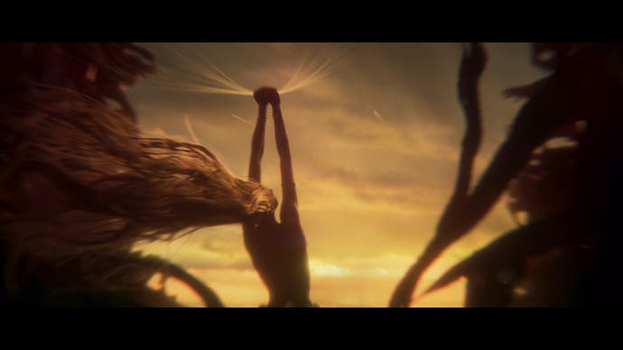 Shadow of the Erdtree story trailer screenshot showing Miquella with long hair holding golden threads in golden light