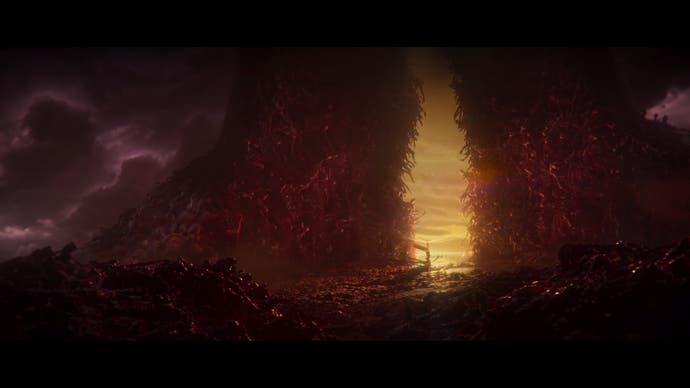 Shadow of the Erdtree story trailer screenshot showing golden light emerging from archway of bloodied bodies