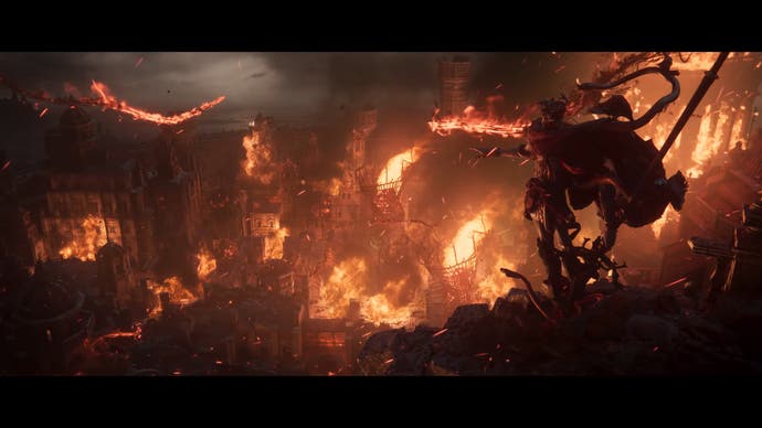 Shadow of the Erdtree story trailer screenshot showing red-cloaked evil Messmer stood watching a battle in flames
