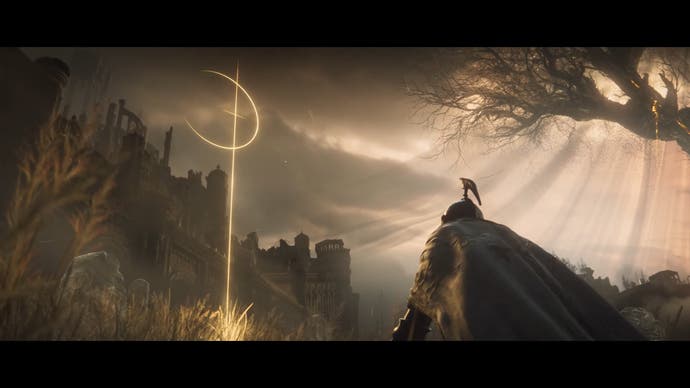Shadow of the Erdtree story trailer screenshot showing armored figure kneeling at strange golden symbol