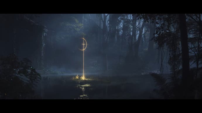 Shadow of the Erdtree story trailer screenshot showing strange golden symbol in the middle of a dark moonlit lake