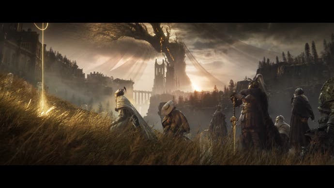 Shadow of the Erdtree story trailer screenshot showing multiple armored characters stood by strange golden symbol with giant tree in the background
