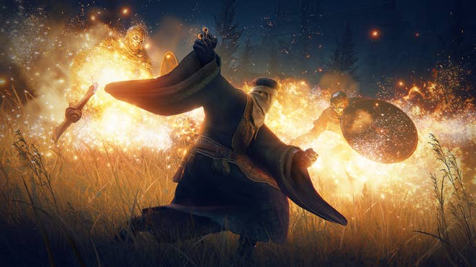A character in an attacking pose with his back against a flame in Elden Ring Shadow of the Erdtree