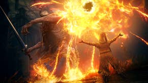 A hero casts a huge ball of fire above a boss monster in Elden Ring: Shadow of the Erdtree.