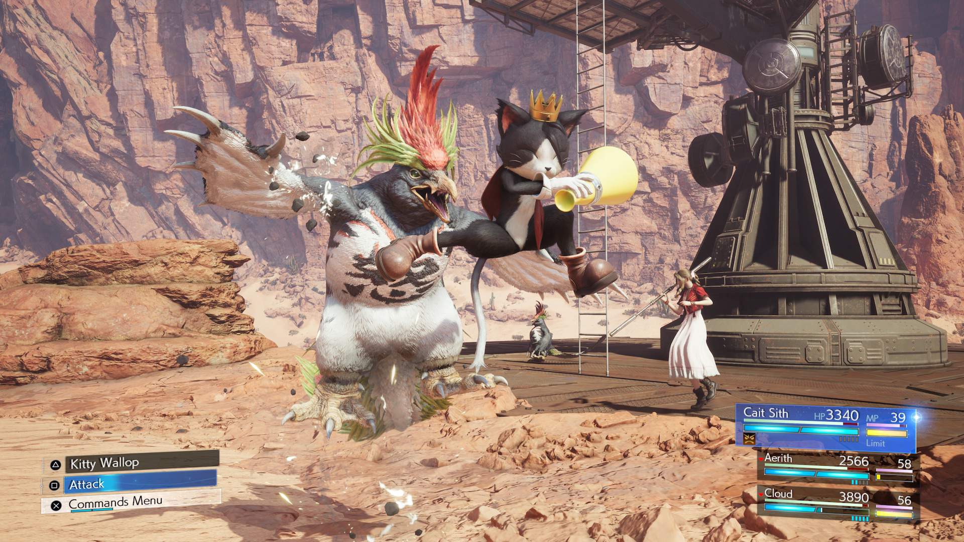 Cait Sith kicks solo in mid-air in battle in FF7 Rebirth