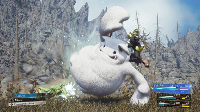 Cait Sith rides atop dropkicking moogle pal in battle in FF7 Rebirth